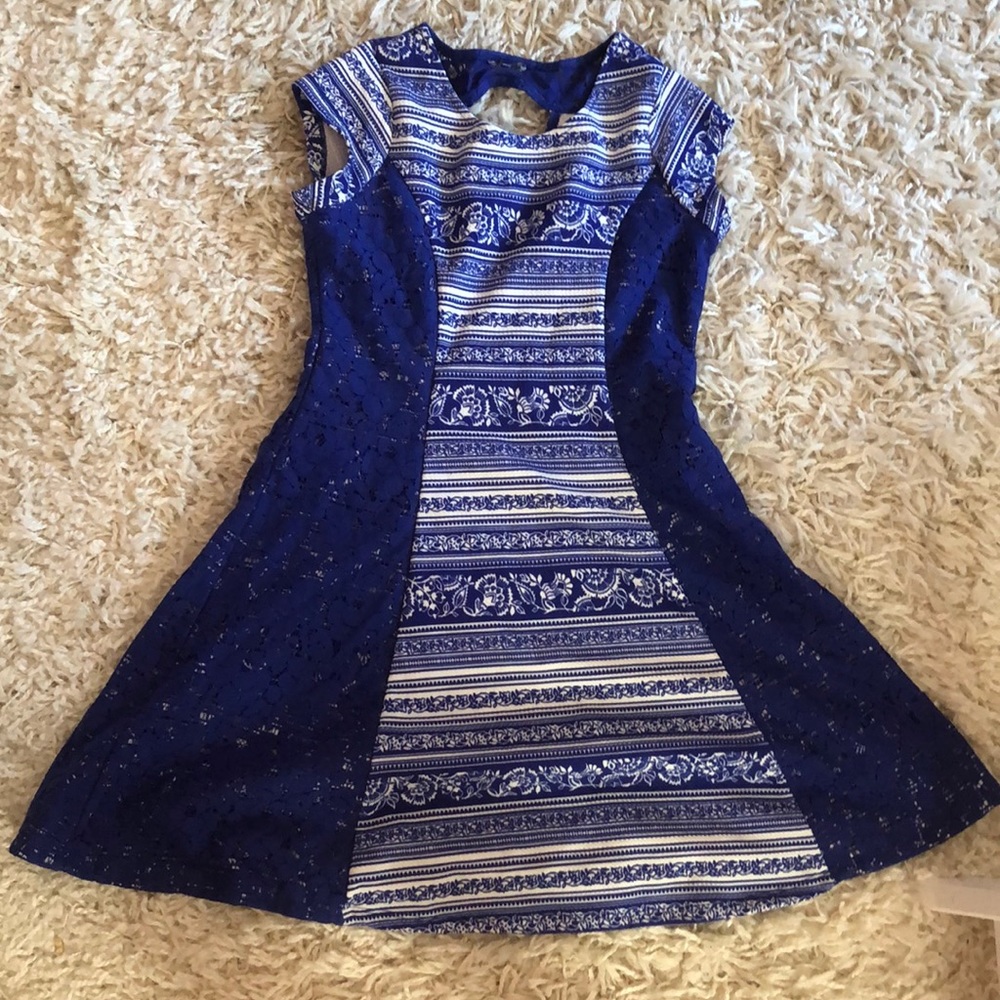 Blue and white floral dress.